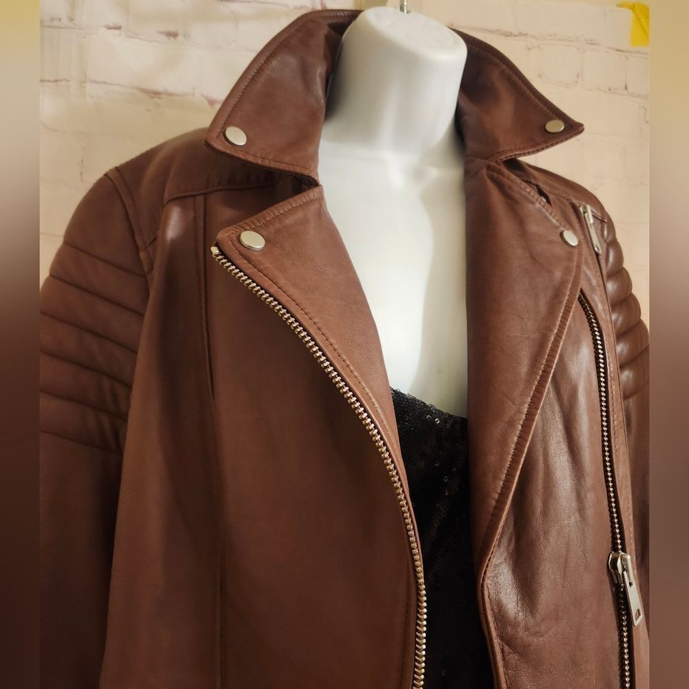AllSaints “Alder Biker" Brown Buttery Leather Moto Jacket US 6/ EU 38 Ret. $499 - Picture 6 of 14